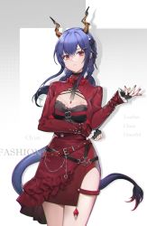 Rule 34 | 1girl, absurdres, alternate costume, arknights, belt, belt buckle, black gloves, blue hair, blush, breasts, buckle, ch&#039;en (arknights), character name, cleavage, closed mouth, cowboy shot, crop top, dragon girl, dragon horns, dragon tail, eminya 27, english text, fingerless gloves, frilled skirt, frills, gloves, hair ornament, hairclip, high-waist skirt, highres, horns, long hair, long sleeves, looking at viewer, low twintails, medium breasts, nail polish, pink eyes, red nails, red skirt, skirt, solo, tail, twintails