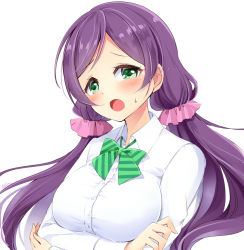 Rule 34 | 10s, 1girl, blush, breasts, dress shirt, green eyes, highres, large breasts, long hair, love live!, love live! school idol project, natsu (natume0504), open mouth, purple hair, school uniform, shirt, simple background, solo, tojo nozomi, twintails, upper body