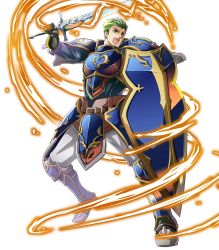 Rule 34 | 1boy, armor, armored boots, boots, draug (fire emblem), electricity, fire emblem, fire emblem: mystery of the emblem, fire emblem heroes, full body, gloves, green eyes, green hair, highres, itagaki hako, male focus, nintendo, official art, open mouth, shield, solo, sword, teeth, transparent background, weapon