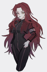 Rule 34 | 1girl, black bodysuit, bodysuit, breasts, cigarette, closed mouth, collared jacket, cropped jacket, cropped legs, gebura (project moon), grey eyes, heterochromia, highres, jacket, large breasts, lobotomy corporation, long hair, long sleeves, looking at viewer, moth ram, parted bangs, project moon, red hair, red jacket, scar, scar across eye, scar on face, solo, very long hair, yellow eyes