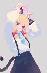 Rule 34 | 1girl, :3, absurdres, animal ear headphones, animal ears, arms up, blonde hair, blue archive, blue necktie, blue skirt, cat ear headphones, cat tail, fake animal ears, grey background, headphones, highres, long sleeves, looking at viewer, low twintails, momoi (blue archive), necktie, open mouth, pleated skirt, rabbit pose, simple background, skirt, smile, solo, suspender skirt, suspenders, tail, teoskyrios, twintails, upper body