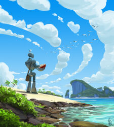 Rule 34 | absurdres, animal, animal on head, bag, beach, bird, bird on head, bird wings, blue sky, book, bush, cliff, cloud, cloudy sky, commentary, day, english commentary, flock, highres, hill, holding, holding quill, humanoid robot, idrawbagman, island, landscape, looking afar, messenger bag, nature, no humans, ocean, on head, original, outdoors, palm tree, quill, robot, rock, sand, scenery, science fiction, seagull, shore, shoulder bag, signature, sky, standing, tree, water, wings, writing