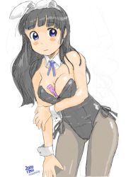 Rule 34 | 10s, 1girl, 2010, animal ears, artist name, awatake takahiro, between breasts, black hair, blue eyes, blush, blush stickers, breasts, cleavage, dated, fake animal ears, hime cut, leaning forward, leotard, light smile, long hair, pantyhose, playboy bunny, rabbit ears, signature, simple background, sketch, smile, solo, standing, thigh gap, ticket