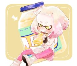 Rule 34 | + +, 1girl, arrow (symbol), black gloves, blush, boots, commentary request, crown, dress, eating, fingerless gloves, gloves, holding, inkling, jar, long sleeves, mayonnaise, mole, mole under mouth, nintendo, pantyhose, pearl (splatoon), pink pantyhose, sitting, solo, splatoon (series), splatoon 2, squirt bottle, tentacle hair, thick eyebrows, uni (u2katsu14), white dress, white footwear, yellow background, yellow eyes