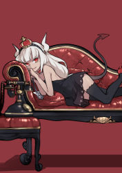 Rule 34 | 1girl, 666, aged down, bare shoulders, black dress, black thighhighs, blunt bangs, blvefo9, choker, couch, crown, demon girl, demon horns, demon tail, dress, feet out of frame, helltaker, high heels, holding, horns, long hair, looking at viewer, lucifer (helltaker), lying, mole, mole under eye, on couch, on side, parted lips, phone, red background, red choker, red eyes, red footwear, red theme, shaded face, short dress, silver hair, simple background, smile, strapless, strapless dress, tail, thighhighs, v-shaped eyebrows, very long hair, zettai ryouiki