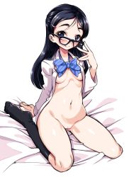 Rule 34 | absurdres, black thighhighs, blue eyes, blue hair, blush, bottomless, breasts, cleft of venus, closed mouth, full body, futari wa precure, glasses, hair ornament, hairclip, harigane shinshi, highres, long hair, long sleeves, looking at viewer, looking to the side, no bra, no panties, open clothes, open shirt, precure, pussy, shirt, simple background, sitting, small breasts, smile, solo, thighhighs, uncensored, white background, white shirt, yukishiro honoka