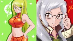Rule 34 | 2girls, bad id, bad miiverse id, bespectacled, blonde hair, blue eyes, blush, breasts, brown eyes, commentary request, eyelashes, fire emblem, fire emblem awakening, glasses, green background, hand on own hip, large breasts, long hair, looking at viewer, metroid, midriff, mole, mole under mouth, multiple girls, navel, nintendo, ponytail, popped collar, red background, robin (female) (fire emblem), robin (fire emblem), samus aran, smile, sparkle, splatoon (series), splatoon 1, super smash bros., takobe, twintails, white hair