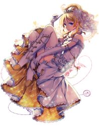 Rule 34 | 10s, 1girl, ayase eli, bare shoulders, beads, blonde hair, blue eyes, boots, bridal garter, clothes writing, copyright name, dress, earrings, elbow gloves, fetal position, flower, frilled dress, frills, full body, fur collar, gloves, hair ornament, hairclip, highres, index finger raised, jewelry, knee boots, lace, lace-trimmed dress, lace trim, long hair, looking at viewer, love live!, love live! school idol festival, love live! school idol project, ono (0 no), pearl earrings, plantar flexion, ponytail, print dress, see-through, simple background, smile, solo, tiara, veil, white background, white dress, white flower, white footwear, white gloves