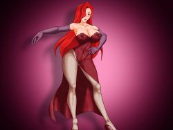 Rule 34 | 1girl, breasts, cleavage, dress, elbow gloves, covered erect nipples, gloves, green eyes, hair over one eye, highres, jessica rabbit, large breasts, lipstick, long hair, makeup, nipples, no panties, pantyhose, red dress, red hair, side slit, solo, supernova (artist), who framed roger rabbit