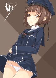 Rule 34 | 10s, 1girl, artist name, brown background, brown eyes, brown hair, clothes writing, hat, highres, kantai collection, long sleeves, neckerchief, panties, sailor collar, sailor hat, short hair, smile, solo, toki/, underwear, upskirt, white panties, z3 max schultz (kancolle)