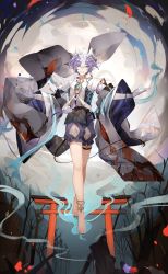 Rule 34 | 1boy, androgynous, food fantasy, full body, grey eyes, highres, jingzhongyin, looking at viewer, male focus, nail polish, official art, pale skin, purple hair, second-party source, silver hair, solo, yokan (food fantasy)