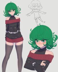 Rule 34 | 1girl, absurdres, ahoge, bare shoulders, blush, brown sweater, brown thighhighs, covered collarbone, crossed arms, curly hair, daniel deves, expressionless, feet out of frame, flat chest, green eyes, green hair, grey background, highres, long sleeves, looking at viewer, medium hair, multiple views, off-shoulder sweater, off shoulder, one-punch man, red sweater, simple background, sketch, sleeves past wrists, sweater, tatsumaki, thighhighs