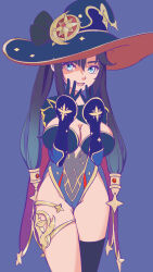Rule 34 | 1girl, adapted costume, alternate breast size, black hair, blue background, blue eyes, breasts, cameltoe, cleavage, detached sleeves, feet out of frame, genshin impact, gloves, gold, hands on own face, hat, highres, joukan maafii, large breasts, legs, looking at viewer, mona (genshin impact), open mouth, smile, twintails, witch hat