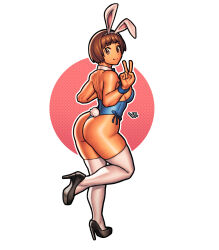 Rule 34 | 1girl, alternate costume, animal ears, ass, blue leotard, breasts, brown eyes, brown hair, bunny day, closed mouth, commentary, detached collar, fake animal ears, from behind, full body, high heels, highres, kill la kill, large breasts, leotard, looking at viewer, mankanshoku mako, medium breasts, playboy bunny, rabbit ears, rabbit tail, short hair, sideboob, smile, solo, strapless, strapless leotard, tail, thick thighs, thighs, v, vj99, wrist cuffs