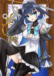 Rule 34 | 1girl, absurdres, blue eyes, blue hair, bow, bow earrings, chain, chain headband, chankuro, clock hands, clothing cutout, earrings, hair intakes, head chain, highres, holocouncil, hololive, hololive english, jewelry, ouro kronii, ouro kronii (1st costume), ribbon earrings, short hair, solo, underboob cutout, virtual youtuber