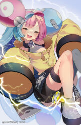 Rule 34 | 1girl, :d, bike shorts, blush, boots, character hair ornament, closed eyes, creatures (company), electricity, facing viewer, game freak, green hair, grey footwear, grey pantyhose, grey shirt, hair ornament, happy, highres, iono (pokemon), jacket, long hair, multicolored hair, nintendo, open mouth, pantyhose, pink hair, pokemon, pokemon sv, sharp teeth, shirt, single leg pantyhose, sleeveless, sleeveless shirt, sleeves past fingers, sleeves past wrists, smile, solo, spoon kitty, teeth, thigh strap, tongue, two-tone hair, upper teeth only, watermark, yellow jacket