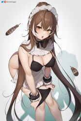 Rule 34 | 1girl, ahoge, apron, artist name, blush, breasts, brown eyes, brown hair, dress, feathers, frills, greatodoggo, highres, hololive, hololive english, large breasts, long hair, looking at viewer, maid, maid apron, maid headdress, multicolored hair, nanashi mumei, open mouth, panties, patreon logo, patreon username, solo, streaked hair, thighhighs, thighs, tongue, tongue out, twitter logo, twitter username, underwear, undressing, very long hair, virtual youtuber, white apron