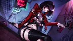 Rule 34 | 1girl, babyteethbites, bat (animal), bat hair ornament, black hair, black nails, black shorts, black thighhighs, breasts, can, chain-link fence, drink can, earrings, fence, hair ornament, hair ribbon, highres, holding, holding can, indie virtual youtuber, jewelry, lips, long hair, mole, mole under eye, navel, neon lights, pink eyes, red ribbon, red shrug, ribbon, second-party source, shorts, shrug (clothing), soda can, solo, thighhighs, virtual youtuber, x mochizuki