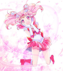 Rule 34 | 1girl, :d, bad id, bad pixiv id, bishoujo senshi sailor moon, boots, bow, brooch, chibi usa, cone hair bun, double bun, elbow gloves, full body, gloves, hair bun, hair ornament, hairpin, hands on own face, happy, heart, heart brooch, jewelry, jumping, knee boots, magical girl, open mouth, pink background, pink footwear, pink hair, pink skirt, pleated skirt, red bow, red eyes, sailor chibi moon, saki (hxaxcxk), short hair, skirt, smile, solo, tiara, twintails, white background, white gloves