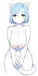 Rule 34 | 1girl, 848siba, animal ears, blue hair, blush, breasts, brown eyes, cat ears, cat girl, cat tail, closed mouth, cropped legs, female focus, furry, furry female, highres, large areolae, large breasts, light blue hair, looking at viewer, navel, nipples, nude, original, own hands together, pussy, solo, tail, thick eyebrows, white fur