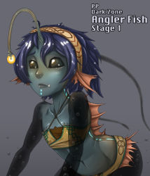 Rule 34 | 1girl, anglerfish, antennae, bad deviantart id, bad id, bankage, black eyes, blue hair, character name, colored skin, fang, fins, fish, fish girl, flat chest, glowing, green skin, hairband, illicium, lips, lure, monster girl, no pupils, nose, original, personification, pocket pussies, purple hair, see-through, short hair, solid eyes, solo, strapless, tube top