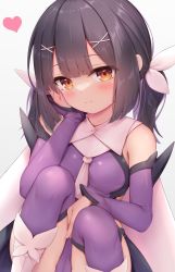 Rule 34 | 1girl, arata (xin), black hair, blush, breasts, brown eyes, closed mouth, commentary request, detached sleeves, eyes visible through hair, fate/grand order, fate/kaleid liner prisma illya, fate (series), hair ornament, hair ribbon, hairclip, hand on own cheek, hand on own face, hand up, heart, highres, knees up, leotard, long hair, long sleeves, looking at viewer, medium breasts, miyu edelfelt, purple leotard, purple thighhighs, ribbon, sidelocks, simple background, sitting, smile, solo, thighhighs, twintails, white background, white ribbon, x hair ornament