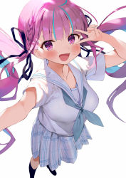 Rule 34 | 1girl, :d, ahoge, alternate costume, black socks, blue hair, blush, bra visible through clothes, braid, breasts, collarbone, colored inner hair, commentary request, from above, gaou (umaiyo puyoman), hair ribbon, hand up, highres, holding, hololive, kneehighs, large breasts, long hair, looking at viewer, minato aqua, multicolored hair, neckerchief, open mouth, plaid, plaid skirt, pleated skirt, purple eyes, purple hair, reaching, reaching towards viewer, ribbon, sailor collar, school uniform, see-through, shirt, short sleeves, simple background, skirt, smile, socks, solo, standing, streaked hair, twintails, two-tone hair, v, v over eye, virtual youtuber, white background, white sailor collar, white shirt, white skirt