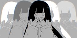 Rule 34 | 1girl, absurdres, black hair, blunt bangs, chromatic aberration, commentary request, covering own mouth, drawstring, empty eyes, expressionless, greyscale, hands up, highres, hood, hood down, hoodie, jitome, lag train (vocaloid), long hair, long sleeves, looking at viewer, low twintails, monochrome, no nose, osage (nukunuku nigirimeshi), puffy long sleeves, puffy sleeves, recurring image, takamiya yuu, twintails, upper body, vocaloid