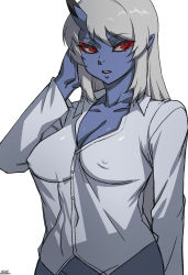 Rule 34 | 1girl, blue oni, blue skin, breasts, cleavage, colored skin, covered erect nipples, eyeshadow, grey hair, tucking hair, hand up, horns, kimiko (zakusi), large breasts, long hair, looking at viewer, makeup, naked shirt, oni, original, out-of-frame censoring, parted lips, pointy ears, red eyes, ringed eyes, shirt, signature, simple background, single horn, slit pupils, solo, white background, zakusi