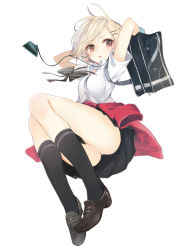 Rule 34 | 1girl, arms up, bag, black legwear, blonde hair, blush, bow, brown eyes, character request, clothes around waist, full body, hair ornament, hairclip, kojiki-life, loafers, looking at viewer, school bag, shoes, short hair, short sleeves, simple background, skirt, solo, sweater, sweater around waist, white background