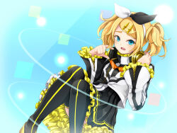 Rule 34 | 1girl, black thighhighs, blonde hair, blue eyes, bow, dress, flat chest, frilled dress, frilled sleeves, frills, gold trim, hair bow, hair ornament, hairclip, headphones, headphones around neck, highres, jacket, kagamine rin, kagamine rin (roshin yuukai/hard rkmix), multicolored clothes, multicolored jacket, pleated dress, project diva (series), project diva f 2nd, reactor (module), roshin yuukai (vocaloid), short hair, short twintails, shy, striped clothes, striped thighhighs, swept bangs, tagme, thighhighs, twintails, two-tone bow, two-tone dress, two-tone jacket, vertical-striped clothes, vertical-striped thighhighs, vocaloid, yellow frills