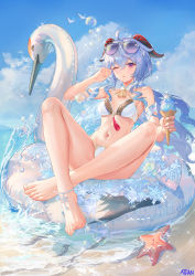 Rule 34 | 1girl, absurdres, ahoge, air bubble, anklet, artist name, atdan, bare legs, barefoot, bell, bikini, blue hair, breasts, bubble, cloud, crossed ankles, day, eyewear on head, feet, food, full body, ganyu (genshin impact), genshin impact, hair between eyes, hand up, highres, holding, holding food, horns, ice cream, ice cream cone, inflatable toy, innertube, jewelry, long hair, looking at viewer, medium breasts, navel, neck bell, one eye closed, outdoors, parted lips, purple eyes, sitting, slime (genshin impact), solo, starfish, stomach, sunglasses, swim ring, swimsuit, tassel, toes, very long hair, water, white bikini