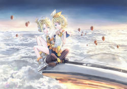 Rule 34 | 1boy, 1girl, 54cr, above clouds, aircraft, blonde hair, blue eyes, boots, bow, capelet, cloud, envelope, flying saucer, fur-trimmed boots, fur-trimmed capelet, fur trim, hair bow, hair ornament, hairclip, headphones, highres, holding, holding envelope, hot air balloon, kagamine len, kagamine rin, magical mirai (vocaloid), magical mirai len, magical mirai rin, open mouth, shirt, short hair, short ponytail, short shorts, shorts, sitting, sitting on lap, sitting on person, sky, sleeveless, sleeveless shirt, smile, spacecraft, spiked hair, swept bangs, ufo, vocaloid, white bow, white shirt, wide shot, wind, wrist cuffs, yellow neckwear