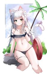 Rule 34 | absurdres, animal ear fluff, animal ears, arknights, bikini, black bikini, breasts, cai ling, cat ears, cat girl, cat tail, cloud, cloudy sky, cropped legs, day, feet out of frame, flower, green eyes, grey hair, hair flower, hair ornament, hairclip, hand up, highres, innertube, long hair, looking at viewer, micro bikini, navel, outdoors, palm tree, rock, rosmontis (arknights), side-tie bikini bottom, sitting, sky, small breasts, smile, stomach, strap slip, swim ring, swimsuit, tail, tree, white flower