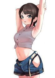 Rule 34 | 1girl, absurdres, armpits, arms up, belt, black panties, blouse, blue eyes, blush, brown hair, cowboy shot, cropped shirt, grey shirt, highres, hololive, lace, lace-trimmed panties, lace trim, looking at viewer, loose belt, navel, oozora subaru, open mouth, osushi961, panties, shirt, short shorts, shorts, sleeveless, solo, swept bangs, underwear, virtual youtuber, white background