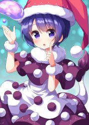 Rule 34 | 1girl, :o, blob, blue background, bobblehat, capelet, doremy sweet, dream soul, fur-trimmed headwear, fur trim, hat, highres, index finger raised, nightcap, pom pom (clothes), red hat, ruu (tksymkw), short hair, simple background, tail, tapir tail, touhou