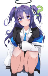 Rule 34 | 1girl, ?, absurdres, black jacket, black panties, black socks, blue archive, blue necktie, closed mouth, coat, collared shirt, gradient background, grey skirt, hair ornament, halo, hido (cherryhido), highres, jacket, long hair, long sleeves, looking at viewer, necktie, panties, pantyshot, pleated skirt, purple eyes, purple hair, shirt, simple background, skirt, socks, solo, squatting, thighs, twintails, underwear, white coat, white shirt, yuuka (blue archive)