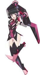 Rule 34 | 1girl, absurdres, black gloves, black hair, black thighhighs, blunt bangs, breasts, chuunioniika, covered navel, elbow gloves, gloves, highres, leotard, long hair, looking at viewer, open mouth, pink eyes, pink leotard, senki zesshou symphogear, shiny skin, skin tight, small breasts, solo, thighhighs, thighs, transparent background, tsukuyomi shirabe, yo-yo