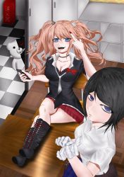 Rule 34 | 2girls, bear hair ornament, black hair, blonde hair, blue eyes, blush, boots, bow, bowtie, box cutter, breasts, brown skirt, calf boots, checkered floor, choker, cleavage, collarbone, collared shirt, crossed legs, danganronpa: trigger happy havoc, danganronpa (series), danganronpa 3 (anime), enoshima junko, fake nails, fingernails, freckles, gloves, hair ornament, hand to forehead, hand to head, hand on own face, highres, holding, holding weapon, ikusaba mukuro, lace, lace choker, large breasts, leather, leather boots, legs up, long hair, looking at viewer, medium breasts, medium hair, miniskirt, monokuma, multiple girls, nail polish, necktie, on chair, open mouth, plaid, plaid skirt, pleated skirt, purple eyes, putting on gloves, red bow, red nails, red neckwear, red skirt, shelf, shelfshirt, shirt, siblings, sisters, sitting, skirt, teeth, twins, upper body, upper teeth only, weapon, white gloves, white shirt, wooden floor