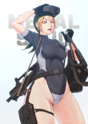 Rule 34 | 1girl, absurdres, assault rifle, blonde hair, bodysuit, copyright name, diving mask, diving mask on head, diving suit, earrings, g36c, gloves, goggles, goggles on head, gun, gun sling, highres, holster, jewelry, kasamoto eri, leotard, metal slug, one-piece swimsuit, open mouth, oxygen tank, ranger (mll0101), rifle, swimsuit, thigh holster, weapon, wetsuit, yellow eyes