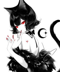 Rule 34 | 1girl, animal ears, artist name, bare shoulders, blood, blood on hands, cat ears, cat tail, choker, commentary, feather boa, highres, knife, mouth hold, nail polish, original, red eyes, red nails, sheya, short hair, signature, simple background, solo, tail, upper body, white background