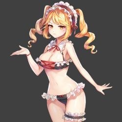 Rule 34 | 1girl, aisha (king&#039;s raid), bare arms, bare shoulders, bikini, black bikini, blonde hair, breasts, bridal garter, cleavage, closed mouth, cowboy shot, cross-laced bikini, cross-laced clothes, detached collar, drill hair, frilled bikini, frills, frown, hand up, headdress, king&#039;s raid, long hair, looking at viewer, medium breasts, navel, official art, orange eyes, sidelocks, solo, standing, stomach, string bikini, swimsuit, thigh gap, thighs, transparent background, twin drills, twintails, v-shaped eyebrows, wristband