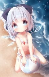 Rule 34 | 1girl, akisha, bad id, bad pixiv id, ball, beach, beachball, bikini, bow, cirno, collarbone, grey eyes, hair bow, highres, ice, ice wings, looking at viewer, navel, outdoors, silver hair, sitting, solo, striped bikini, striped clothes, swimsuit, touhou, v arms, wariza, water, wings