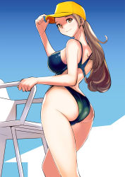 Rule 34 | 1girl, absurdres, ass, back, baseball cap, breasts, brown eyes, brown hair, closed mouth, competition swimsuit, day, dytm, from behind, from below, hat, hat tip, highleg, highleg swimsuit, highres, holding, large breasts, lifeguard chair, long hair, looking at viewer, one-piece swimsuit, original, pool monitor part-timer (dtym), shade, sideboob, sky, smile, solo, summer, swimsuit, yellow eyes, yellow hat