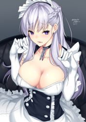 Rule 34 | 1girl, :d, apron, azur lane, bad id, bad pixiv id, belfast (azur lane), blush, breasts, buttons, chain, cleavage, collar, collarbone, couch, dated, double-breasted, elbow gloves, frilled apron, frills, gloves, grey background, hands up, highres, large breasts, long hair, looking at viewer, maid headdress, nebusoku, open mouth, purple eyes, raised eyebrows, shiny skin, signature, silver hair, simple background, smile, solo, upper body, waist apron, white apron, white gloves