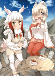 Rule 34 | 2girls, alpaca ears, alpaca suri (kemono friends), alpaca suri (kemono friends) (cosplay), animal ear fluff, animal ears, artist logo, bird tail, bird wings, blonde hair, blouse, blue eyes, blue sky, blunt bangs, bodystocking, breast pocket, buttons, closed mouth, cosplay, costume switch, cup, day, eighth note, empty eyes, extra ears, fisheye, frilled sleeves, frills, fur-trimmed footwear, fur-trimmed sleeves, fur collar, fur scarf, fur trim, gloves, hair bun, hair over one eye, hand on own chest, hand rest, hand up, head wings, highres, holding, holding teapot, horizontal pupils, japanese crested ibis (kemono friends), japanese crested ibis (kemono friends) (cosplay), kemono friends, long hair, long sleeves, looking at viewer, medium hair, mountain, mountainous horizon, multicolored hair, multiple girls, music, musical note, neck ribbon, on railing, open mouth, pantyhose, platinum blonde hair, pleated skirt, pocket, railing, red gloves, red hair, red legwear, ribbon, role reversal, saucer, scarf, second-party source, shirt, shoes, short shorts, shorts, sidelocks, singing, single hair bun, sitting, skirt, sky, smile, standing, sweater vest, table, tail, teapot, thin (suzuneya), white hair, white shirt, wide sleeves, wings, yellow eyes
