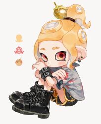 Rule 34 | 1girl, absurdres, black footwear, black shorts, boots, closed mouth, commentary request, ear piercing, earrings, full body, grey shirt, highres, jewelry, medium hair, myon rio, nintendo, octoling, octoling girl, octoling player character, piercing, ponytail, red eyes, shirt, short shorts, shorts, simple background, sitting, solo, splatoon (series), tentacle hair, white background, yellow trim