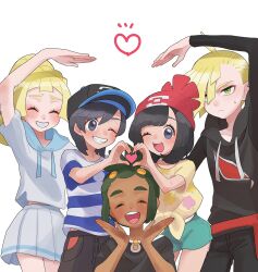 Rule 34 | 2girls, 3boys, :d, aria pkmn, black hair, black hat, blonde hair, closed eyes, closed mouth, commentary, creatures (company), dark-skinned male, dark skin, elio (pokemon), eyelashes, facing viewer, game freak, gladion (pokemon), green eyes, green hair, green shorts, grey eyes, grin, hands up, hat, hau (pokemon), heart, highres, lillie (pokemon), long hair, multiple boys, multiple girls, nintendo, one eye closed, open mouth, pants, pleated skirt, pokemon, pokemon sm, ponytail, red hat, selene (pokemon), shirt, short hair, short sleeves, shorts, skirt, smile, striped clothes, striped shirt, sweatdrop, symbol-only commentary, tassel, teeth, tied shirt, upper teeth only, white shirt, yellow shirt