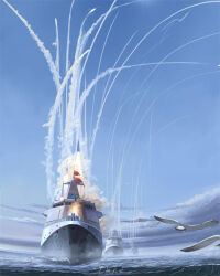 Rule 34 | bird, blue sky, china, chinese commentary, cloud, contrail, destroyer, flag, flares (countermeasure), military, military vehicle, missile, no humans, ocean, original, people&#039;s liberation army, people&#039;s liberation army navy, seagull, ship, shouhui lang qun, signature, sky, type 055 destroyer, vehicle focus, vertical launching system (vls), warship, watercraft
