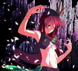 Rule 34 | 1girl, alternate costume, alternate headwear, aono meri, arm up, armpits, bad id, bad pixiv id, bare shoulders, bow, bracelet, braid, breasts, chromatic aberration, crop top, crop top overhang, green eyes, hair bow, hair ornament, hat, hong meiling, jewelry, leaf, long hair, looking at viewer, midriff, navel, red hair, sleeveless, smile, solo, star (symbol), striped, striped background, touhou, twin braids, underboob